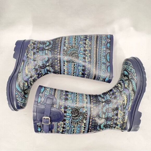 Sakroots One World Blue Elephant Peace Boho Faux Fur Lined Tall Rain Boot Size 7 - Picture 5 of 11